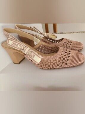 Dior & Moi J'Adore Rose Gold Cannage Mesh Bow Logo Slingback Pumps Heels Shoes
